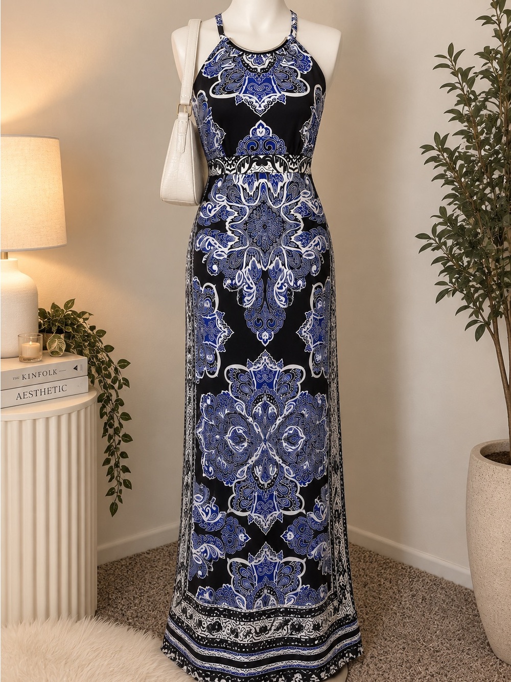 INC International Concepts Y2K Blue Paisley Halter Maxi Dress XL